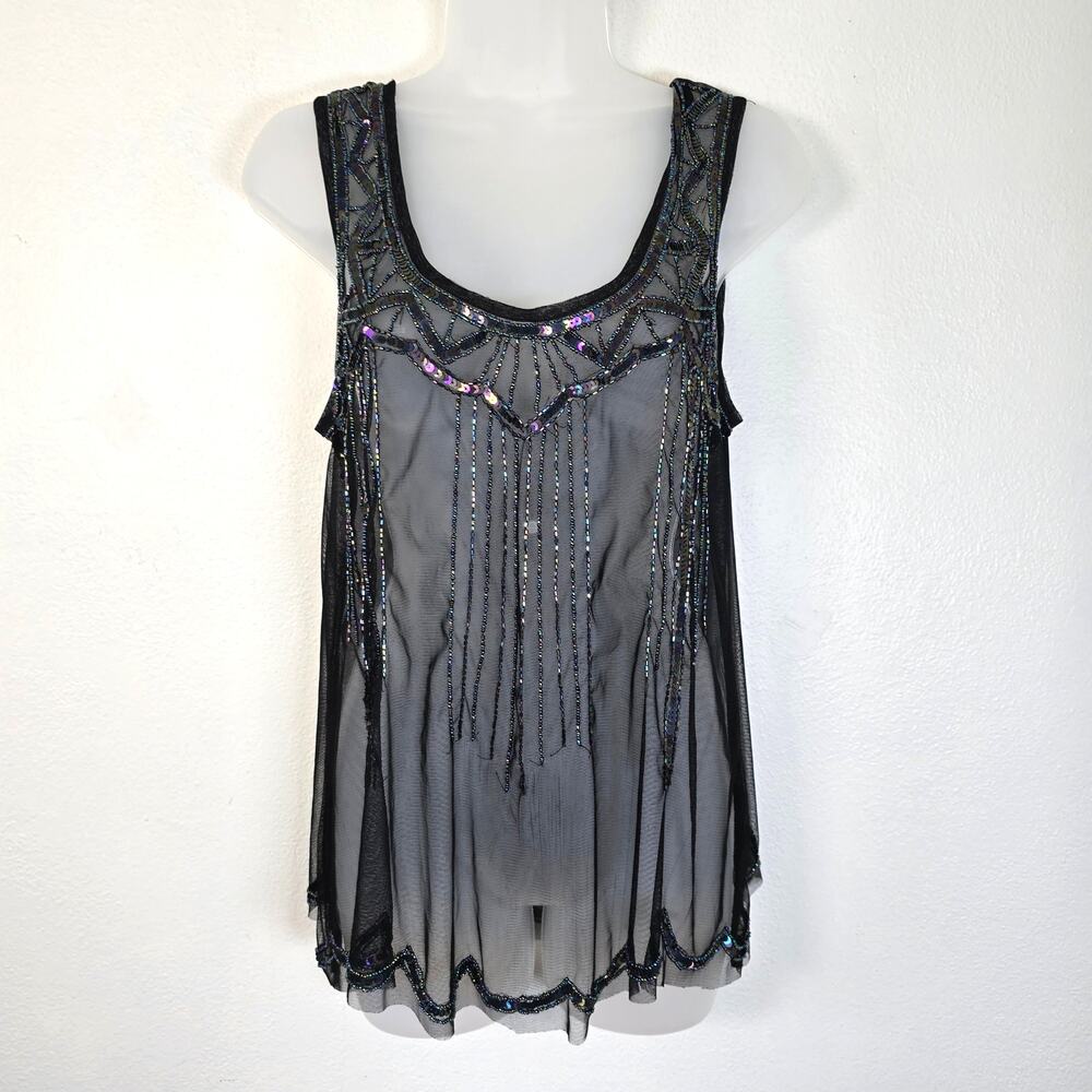 Passport Mesh Tank Women's M Black Bead Sequin Whimsigoth Dark Romantic Art Deco